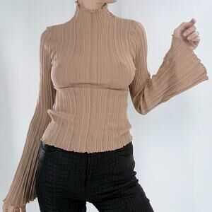 H&M Tan Ribbed Boho Bell Sleeve Long Sleeve Turtleneck Top Size Medium